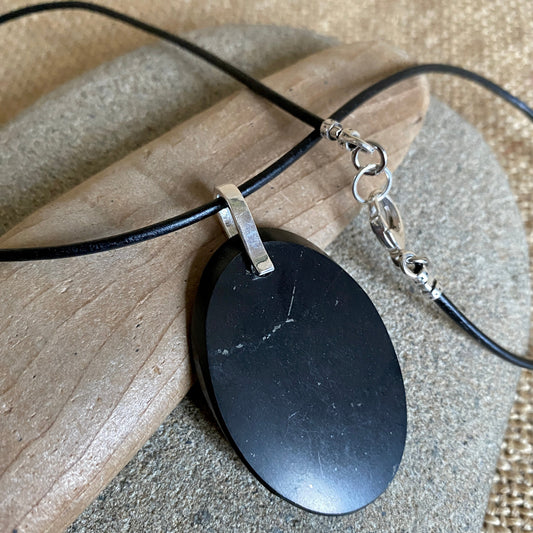 Shungite Beveled Oval Pendant | Sterling Silver Lobster Clasp