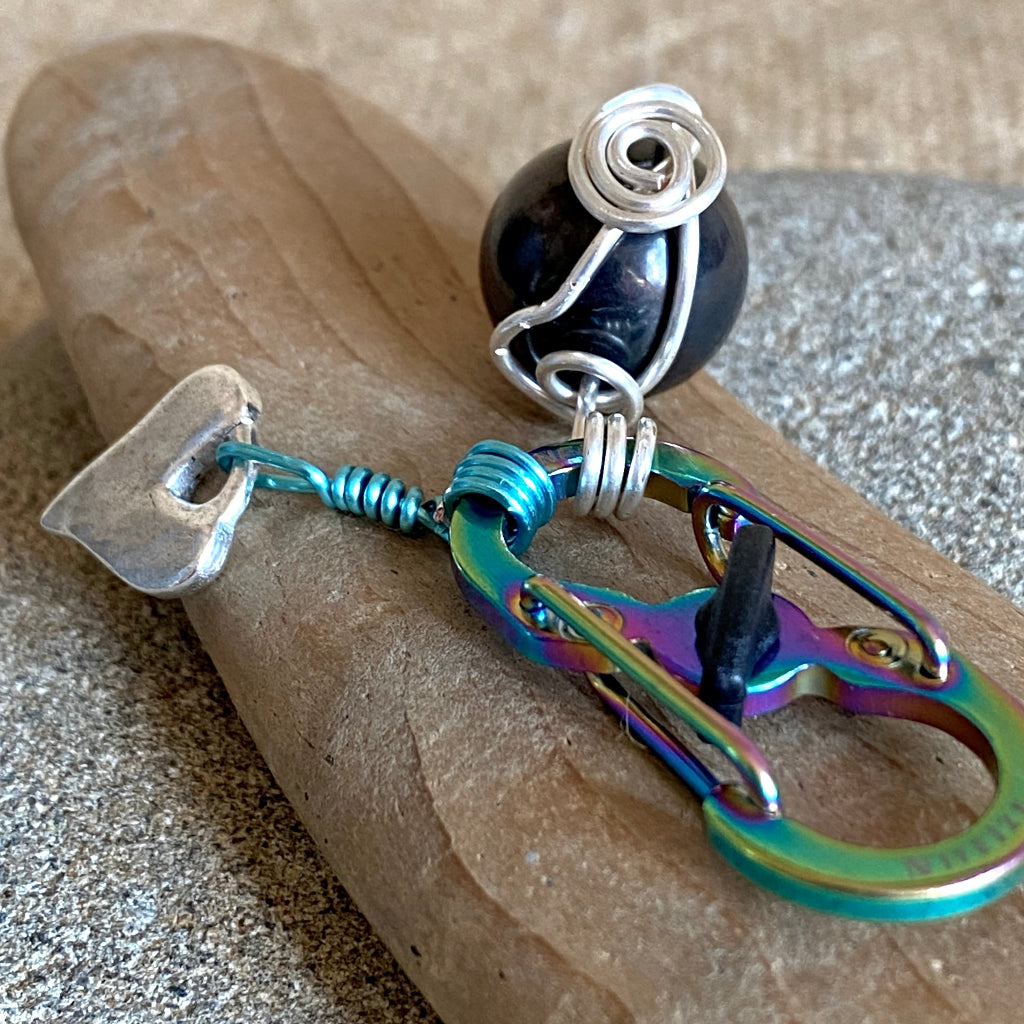 Shungite Clip-On for Pets |  Round Bead, Heart Charm, Blue & Silver