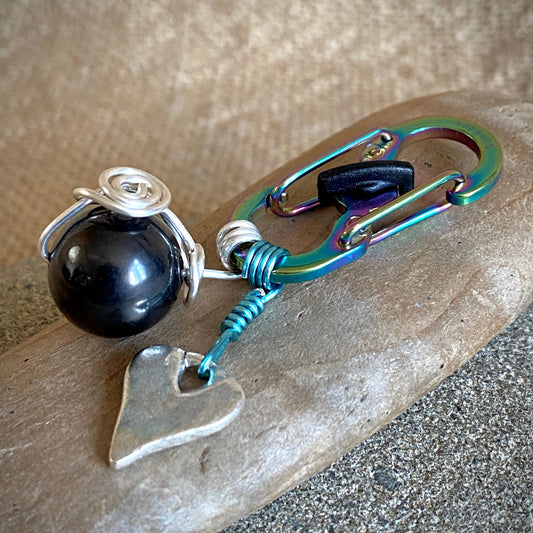 Shungite Clip-On for Pets |  Round Bead, Heart Charm, Blue & Silver 2