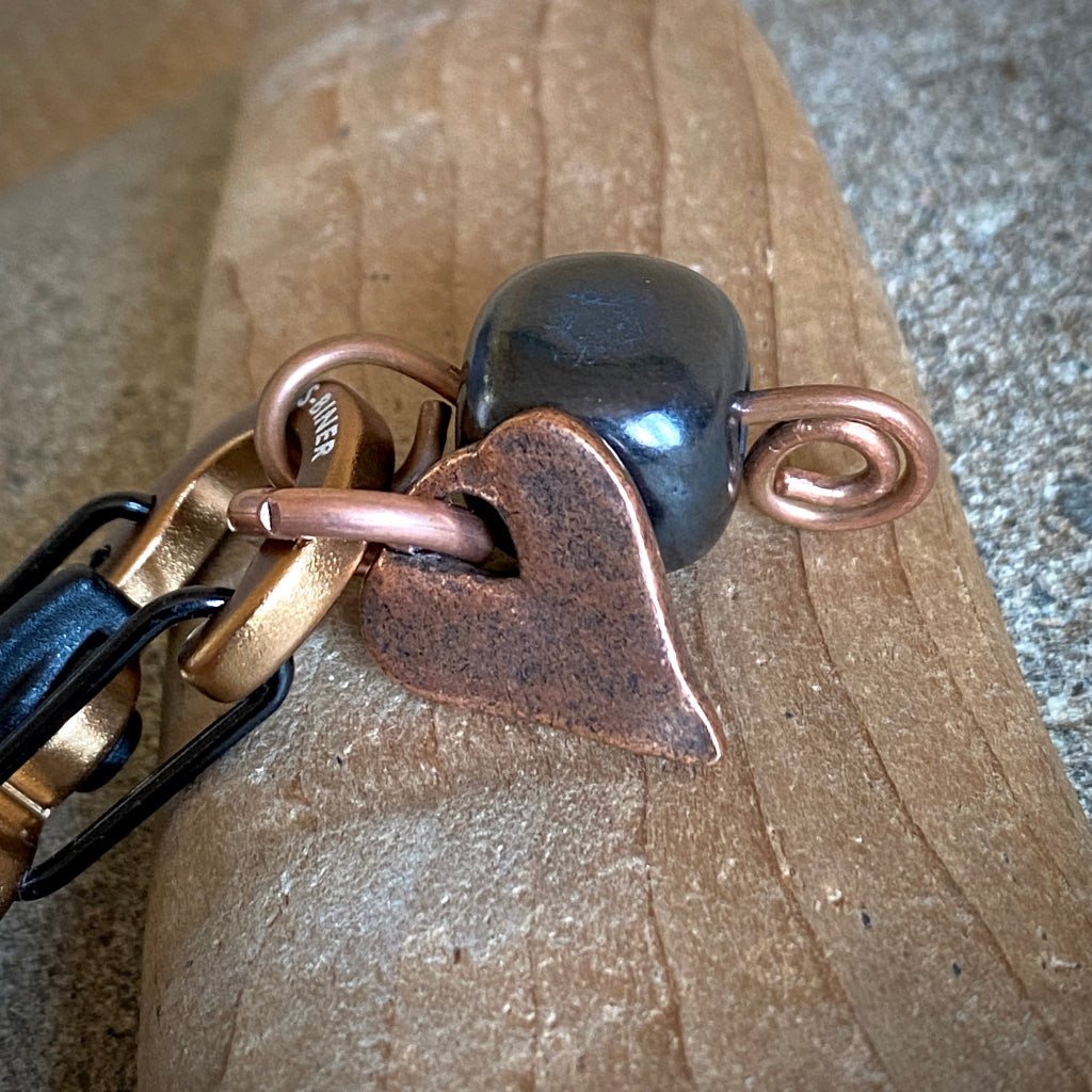 Shungite Clip-On for Pets |  Rounded Cube Bead, Heart Charm, Copper 3