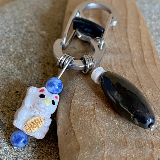 Shungite Clip-On for Pets | Rounded Cube Bead, White Lucky Cat Charm