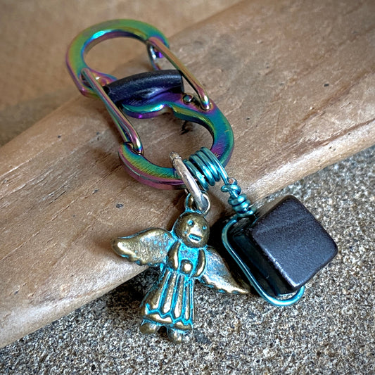 Shungite Clip-On for Pets | Square Bead, Brass Angel Charm, Blue Wire