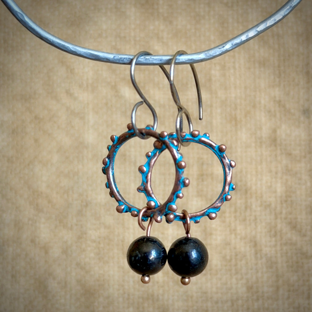 Shungite Copper Patina Bumpy Loop Earrings | Titanium Ear Wires 1
