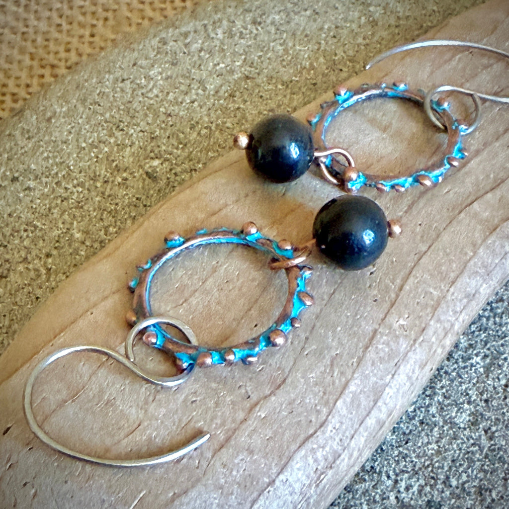 Shungite Copper Patina Bumpy Loop Earrings | Titanium Ear Wires 2