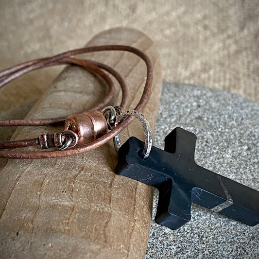 Shungite Cross Pendant | Mixed Metals on Rustic Brown Leather