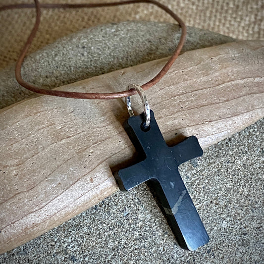 Shungite Cross Pendant | Mixed Metals on Rustic Brown Leather 2