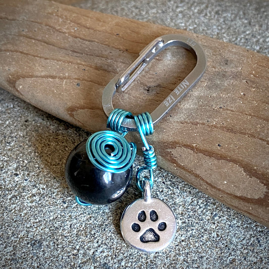 Shungite Dangle for Pets |  Round Bead, Paw Charm, Blue & Silver