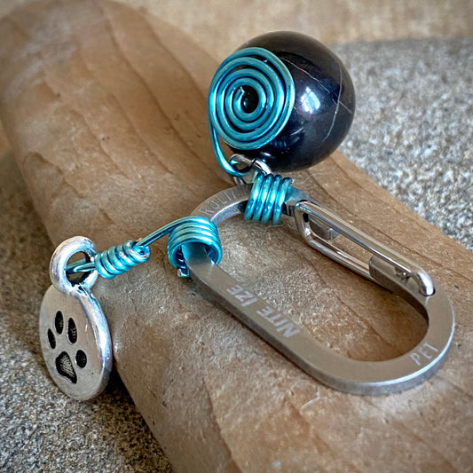 Shungite Dangle for Pets |  Round Bead, Paw Charm, Blue & Silver 2