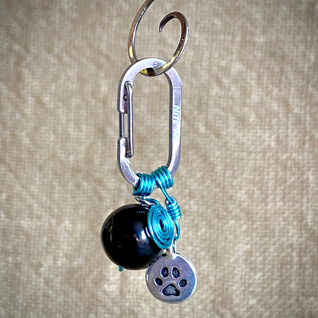 Shungite Dangle for Pets |  Round Bead, Paw Charm, Blue & Silver 3