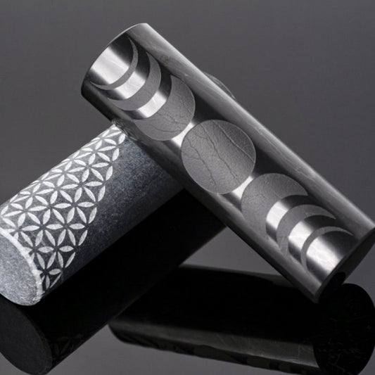 Shungite Harmonizer Cylinders | Wooden Flower of Life Display Stand 2