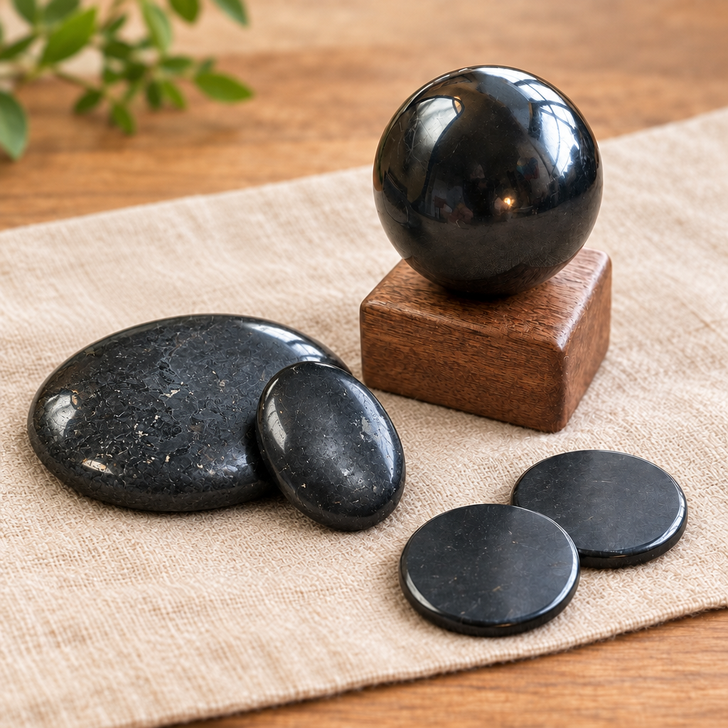 Shungite Home Essentials set with palm stone, pocket stone, sphere on wooden stand, and two phone plates