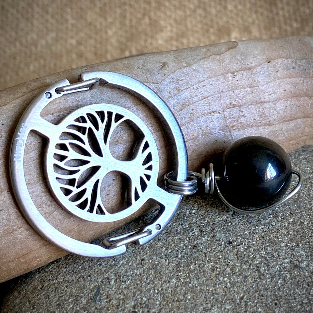 Shungite Key Ring | Tree of Life Carabiner, Large Shungite Bead Dangle