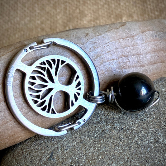 Shungite Key Ring | Tree of Life Carabiner, Large Shungite Bead Dangle