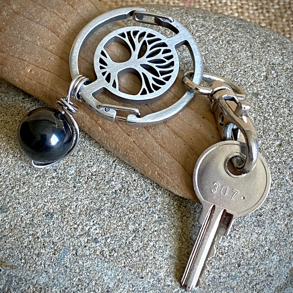 Shungite Key Ring | Tree of Life Carabiner, Large Shungite Bead Dangle 2
