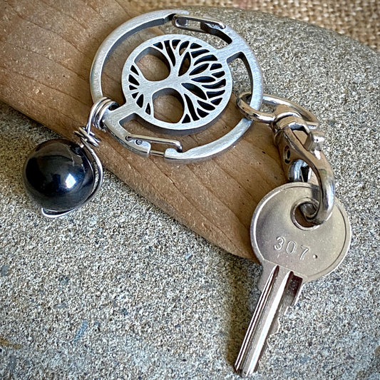 Shungite Key Ring | Tree of Life Carabiner, Large Shungite Bead Dangle 2