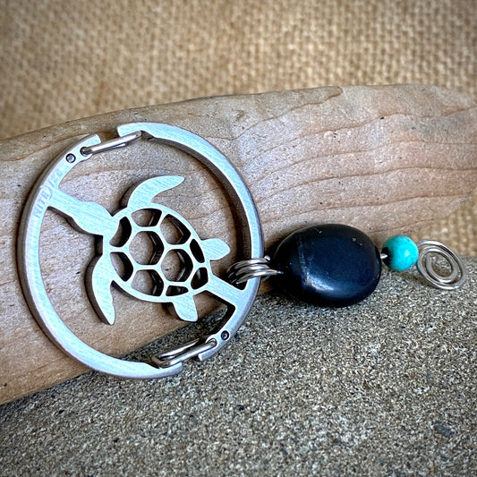 Shungite Key Ring | Turtle Carabiner, Shungite & African Turquoise Beads