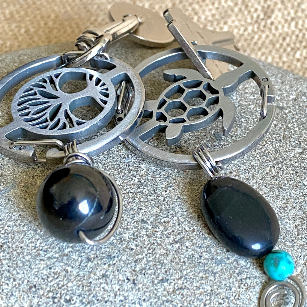 Shungite Key Ring | Turtle Carabiner, Shungite & African Turquoise Beads pair