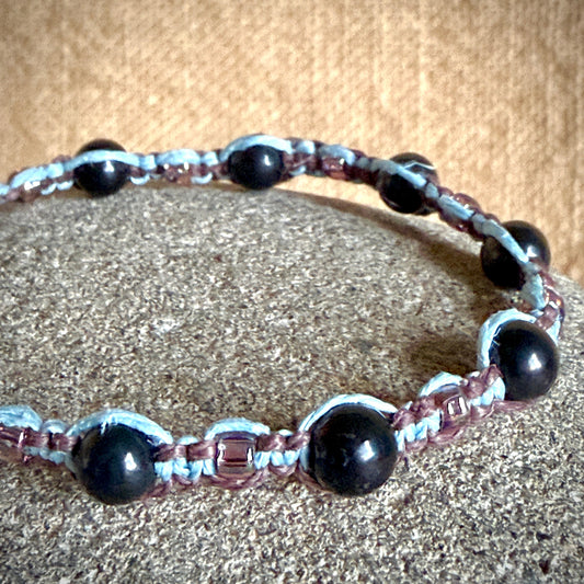 Shungite Macrame Bracelet on Blue & Brown Hemp closeup