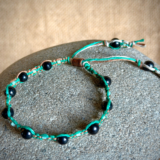 Shungite Macrame Bracelet on Green & Tan Hemp