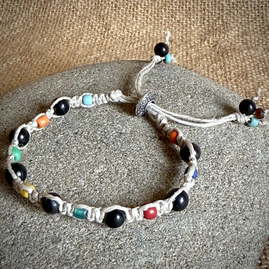 Shungite Macrame Bracelet on Natural Linen | African Maasai Glass Beads
