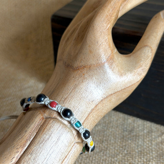 Shungite Macrame Bracelet on Natural Linen | African Maasai Glass Beads on wooden arm