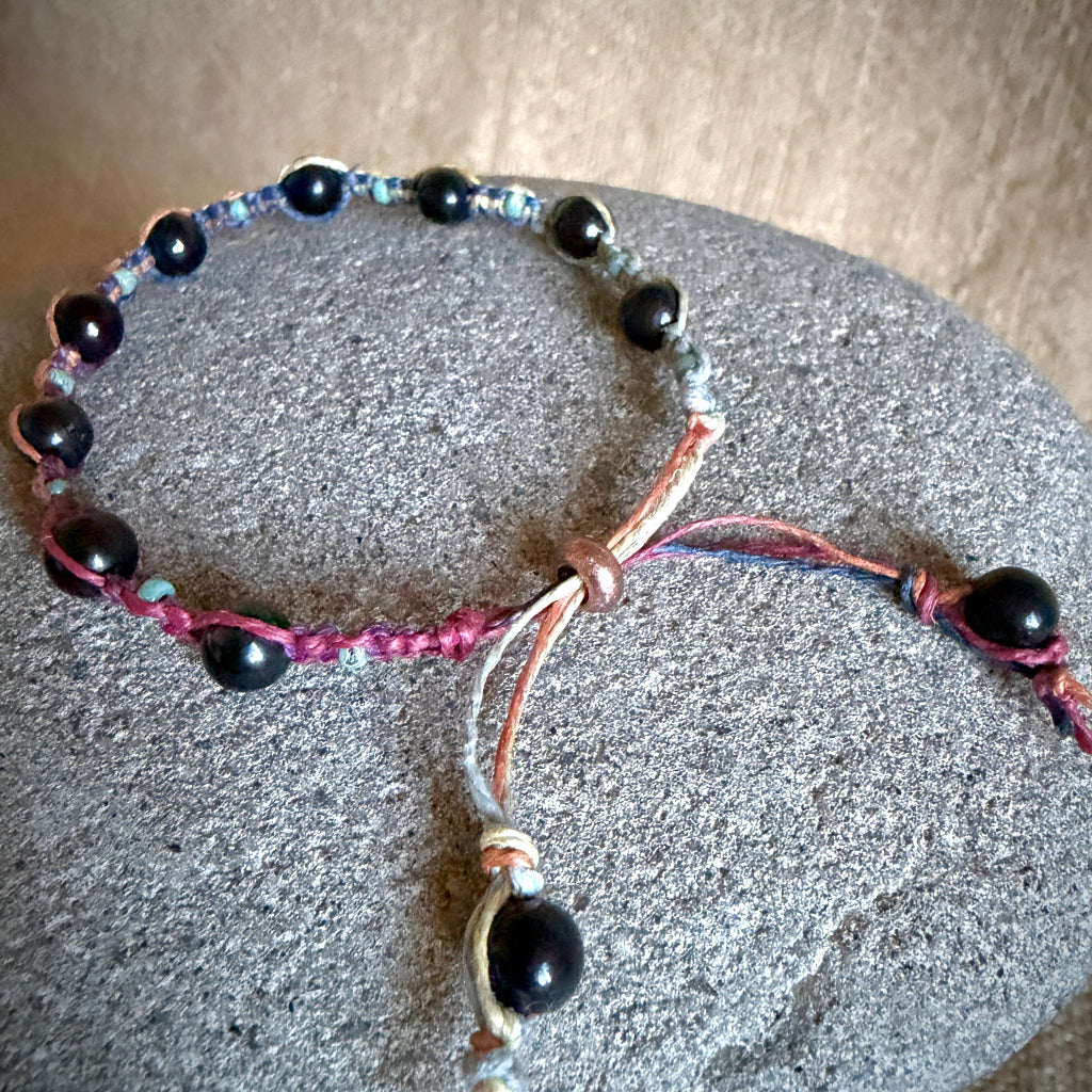Shungite Macrame Bracelet with Variegated Hemp full view rainbow