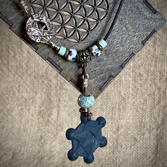 Shungite Metatron's Cube Necklace | Leather Dangle with Brass Toggle Clasp 2