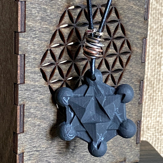 Shungite Metatron's Cube Necklace | Mixed Metal Accents & Black Leather 2