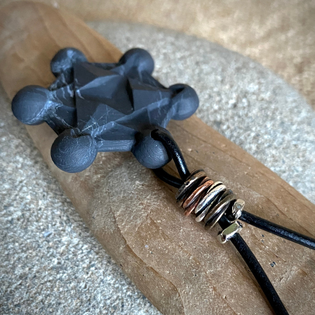Shungite Metatron's Cube Necklace | Mixed Metal Accents & Black Leather 3