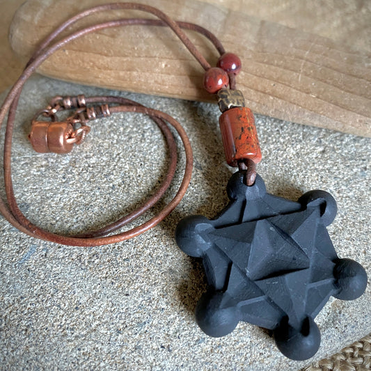 Shungite Metatron's Cube Necklace | Red Jasper Beads and Copper 2