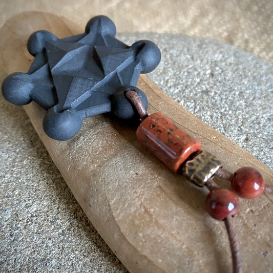 Shungite Metatron's Cube Necklace | Red Jasper Beads and Copper 3