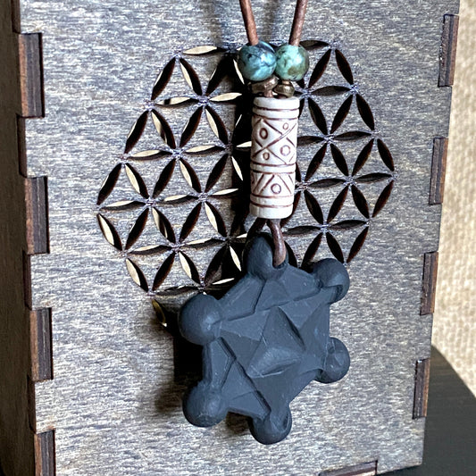 Shungite Metatron's Cube Necklace | Stoneware & African Turquoise Beads