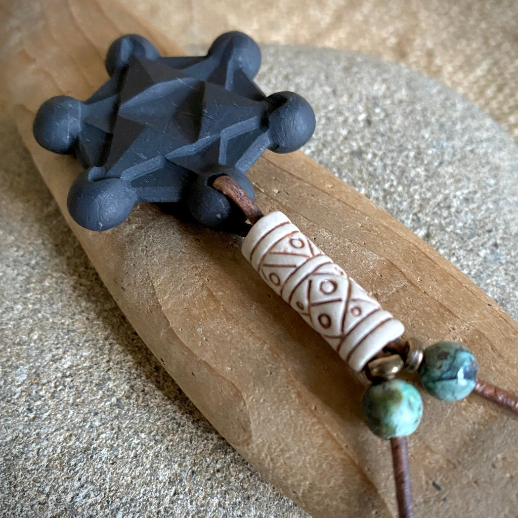 Shungite Metatron's Cube Necklace | Stoneware & African Turquoise Beads 3