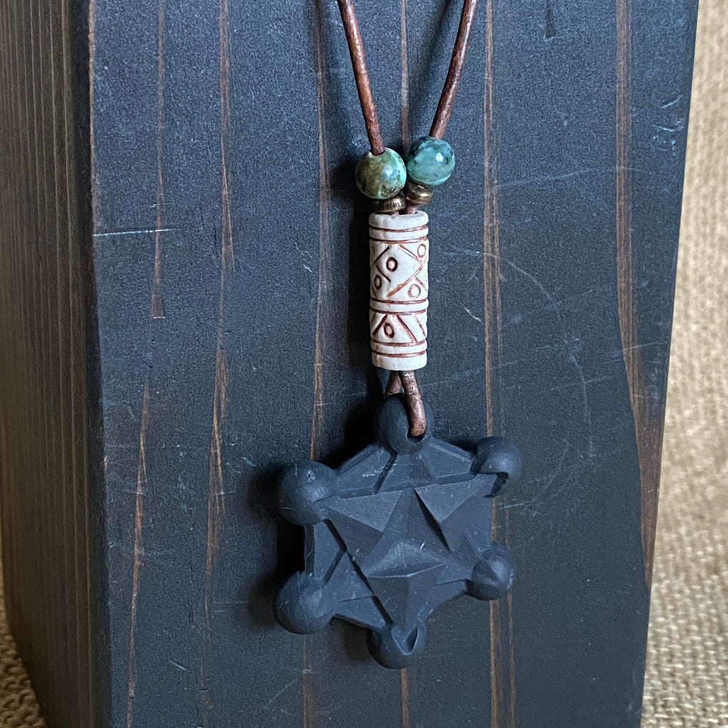 Shungite Metatron's Cube Necklace | Stoneware & African Turquoise Beads 4