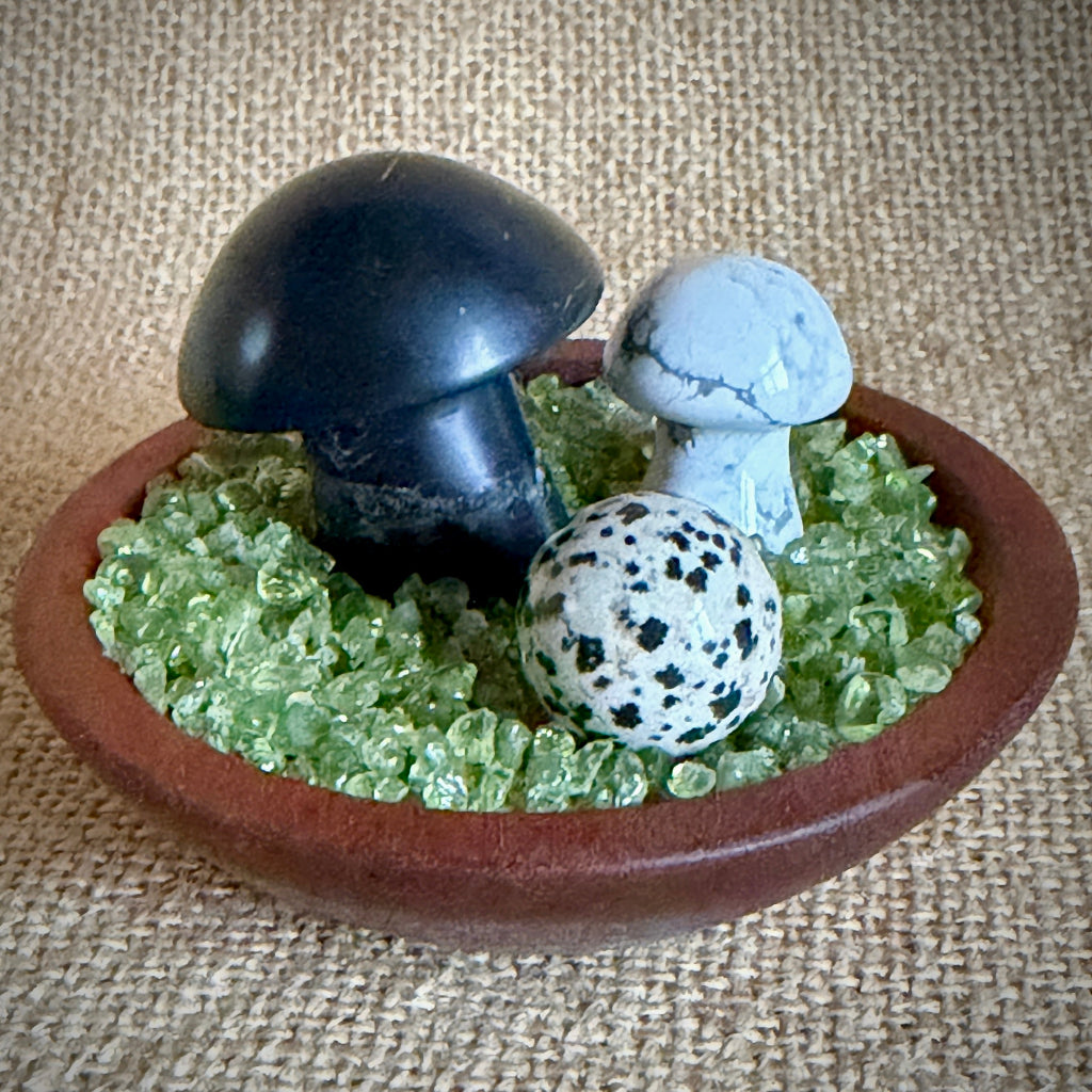 Shungite Mushroom Garden | Dalmatian Jasper, Howlite, Green Peridot