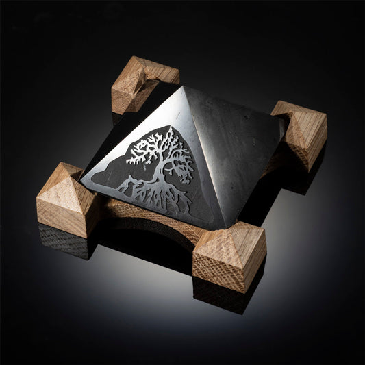Shungite Pyramid Tree of Life | Flower of Life Wooden Base