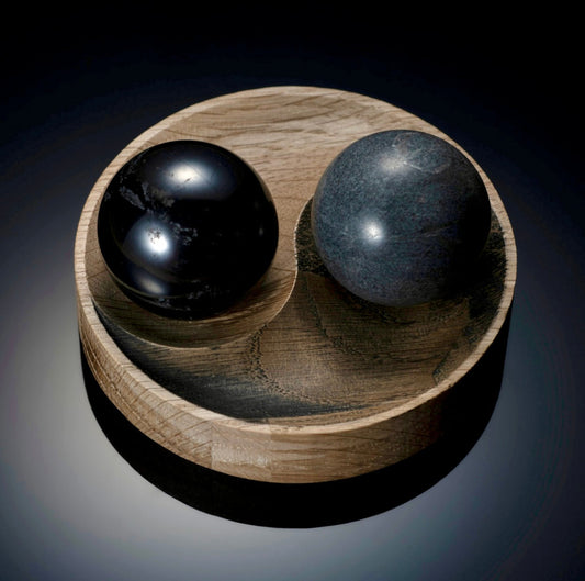 Shungite & Steatite Baoding Balls | Yin Yang Oak Stand