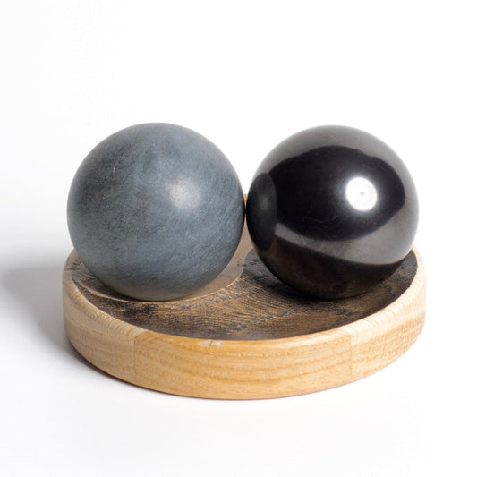 Shungite & Steatite Baoding Balls | Yin Yang Oak Stand 3