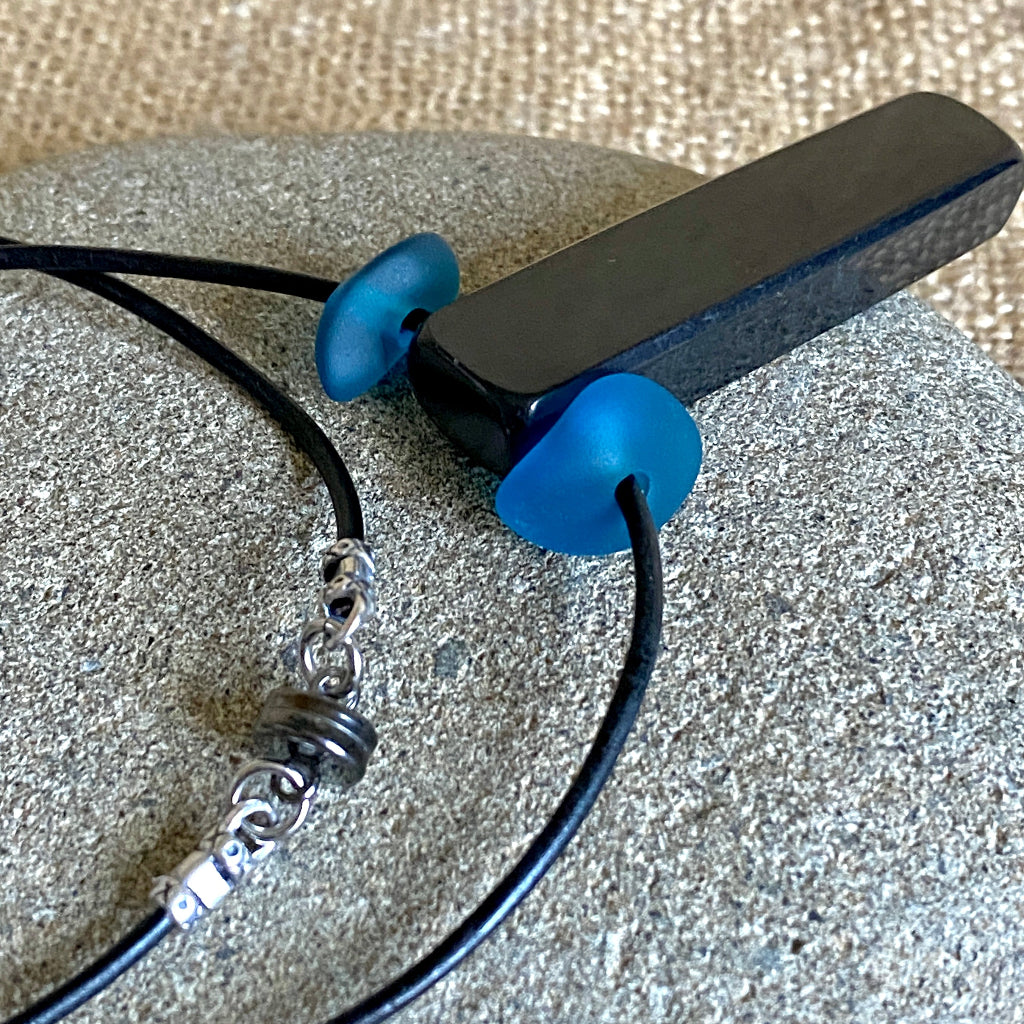 Shungite Stick Pendant | Blue Sea Glass, Black Leather