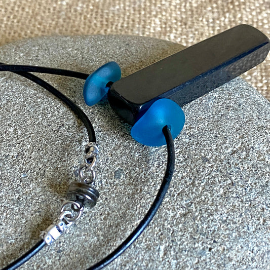 Shungite Stick Pendant | Blue Sea Glass, Black Leather