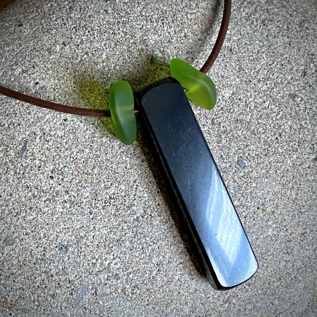 Shungite Stick Pendant | Green Sea Glass, Brown Leather