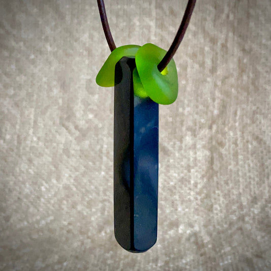Shungite Stick Pendant | Green Sea Glass, Brown Leather 2