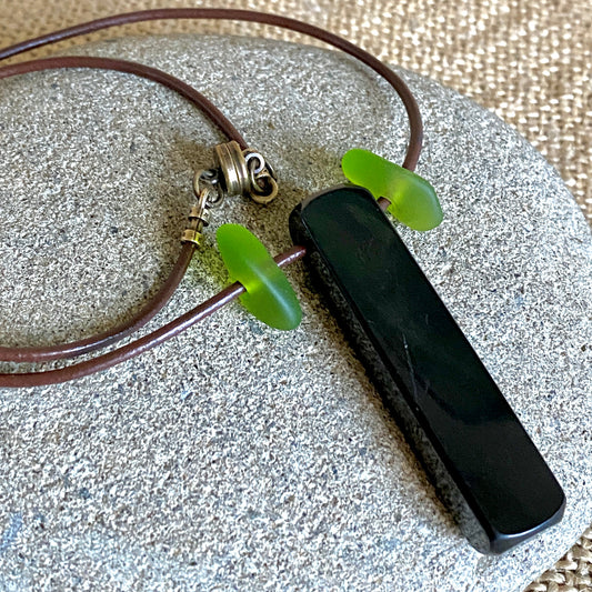 Shungite Stick Pendant | Green Sea Glass, Brown Leather 3
