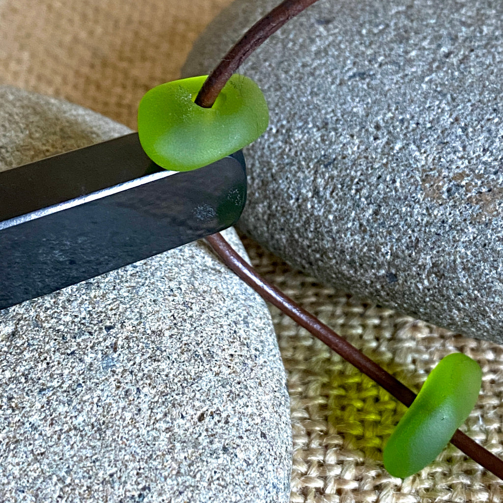 Shungite Stick Pendant | Green Sea Glass, Brown Leather 4
