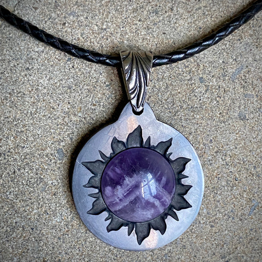Shungite Sun Pendant | Chevon Amethyst, Braided Black Leather