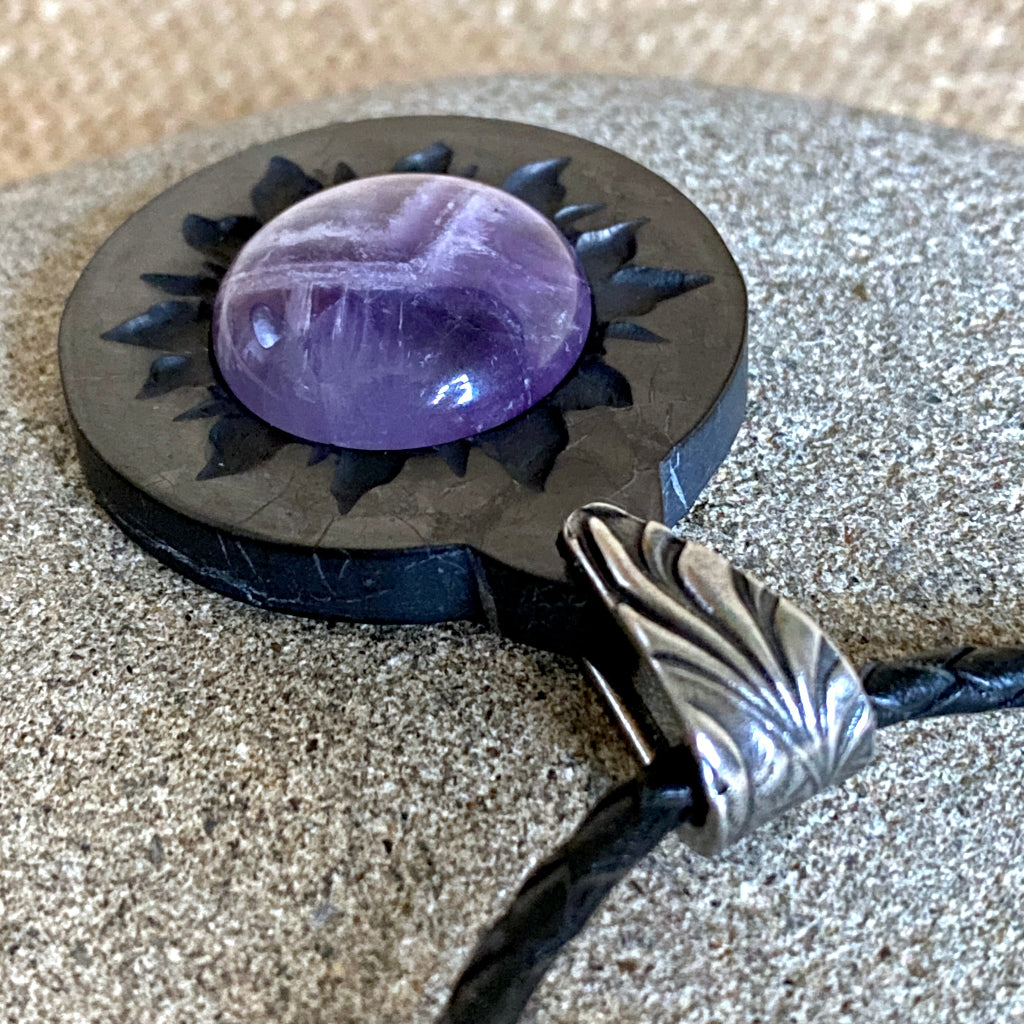 Shungite Sun Pendant | Chevon Amethyst, Braided Black Leather 3