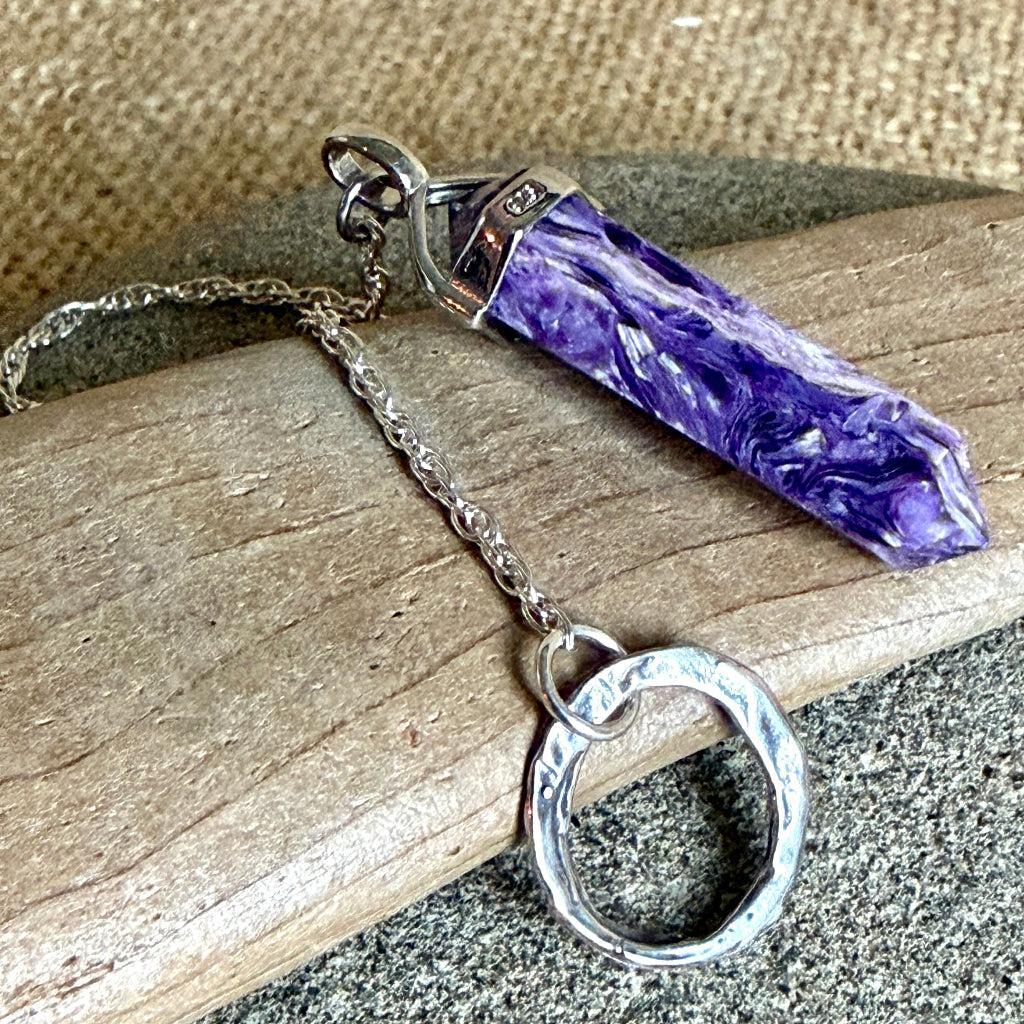 Siberian Charoite Pendulum | Sterling Silver Ring Grip & Chain