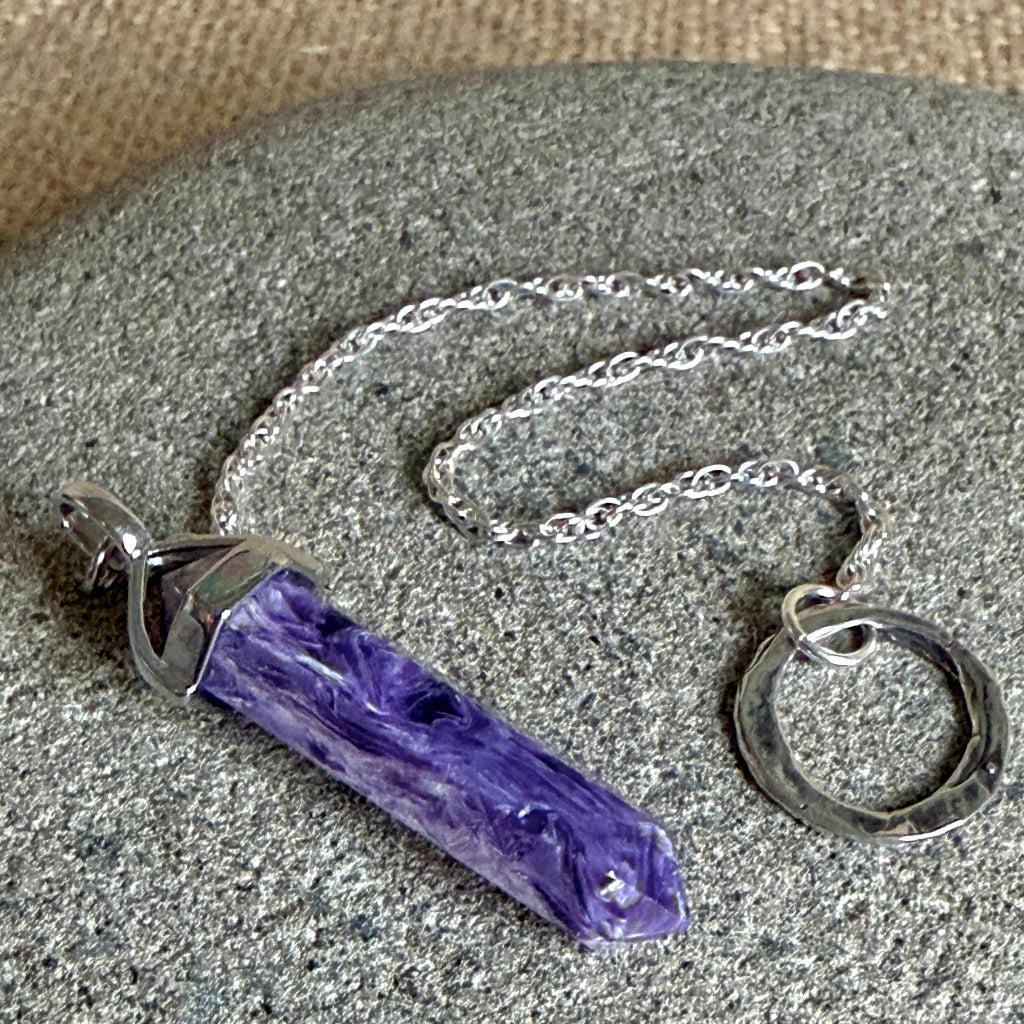 Siberian Charoite Pendulum | Sterling Silver Ring Grip & Chain