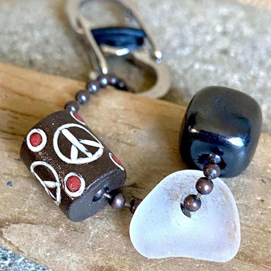 Stoneware Peace Sign Bead, Shungite Cube & White Sea Glass Clip-On