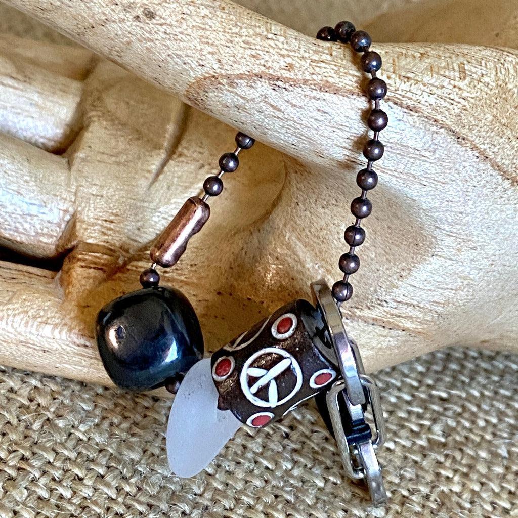 Stoneware Peace Sign Bead, Shungite Cube & White Sea Glass Clip-On